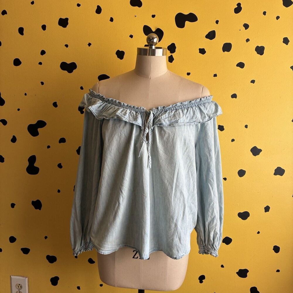 Light Blue Denim Off Shoulder Peasant Blouse Top Boho Cottagecore Ruffle Womens